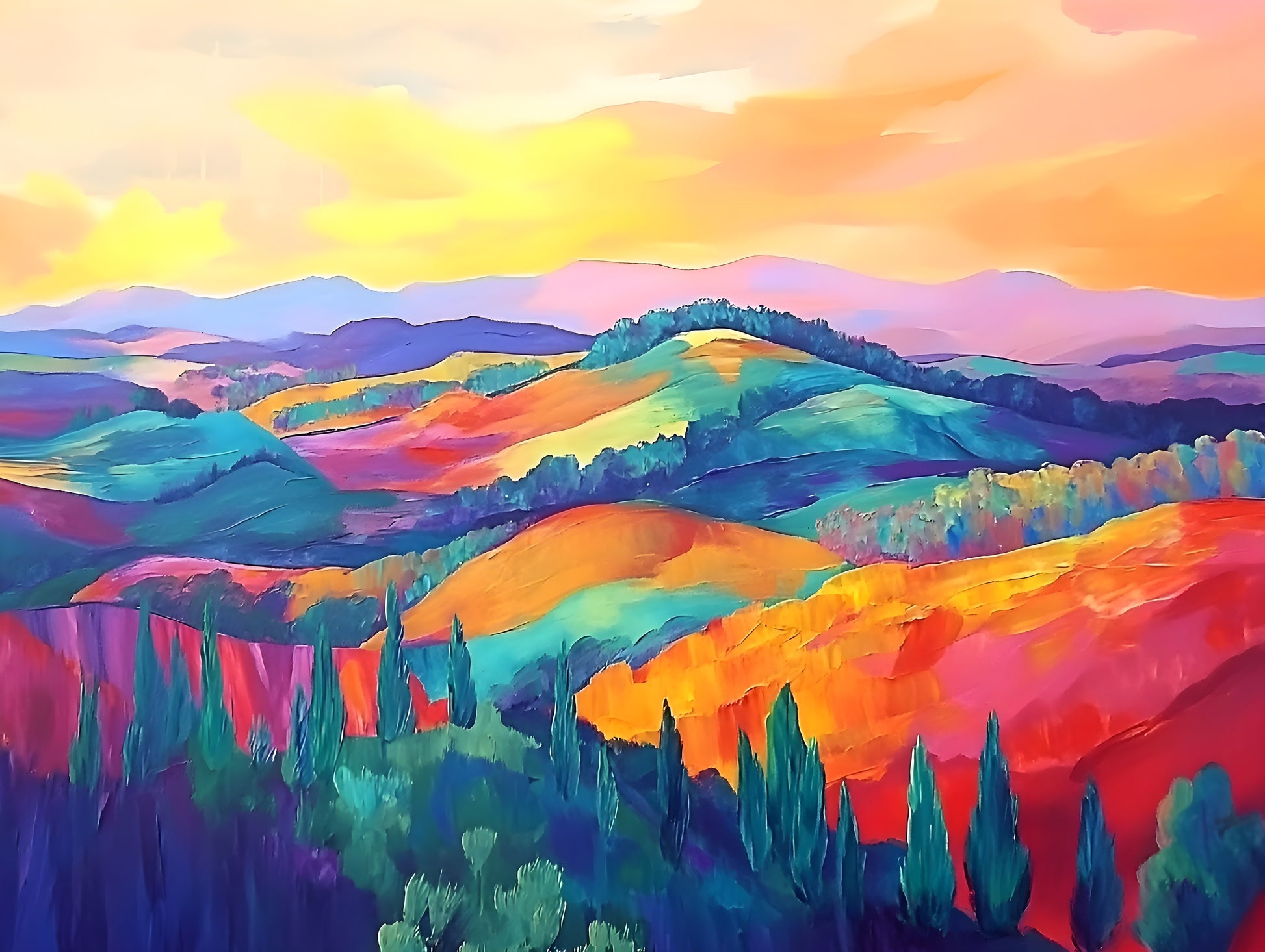 Vibrant sunset landscape canvas art featuring rolling hills in shades of orange, purple, and green by My Store, 120x90cm.