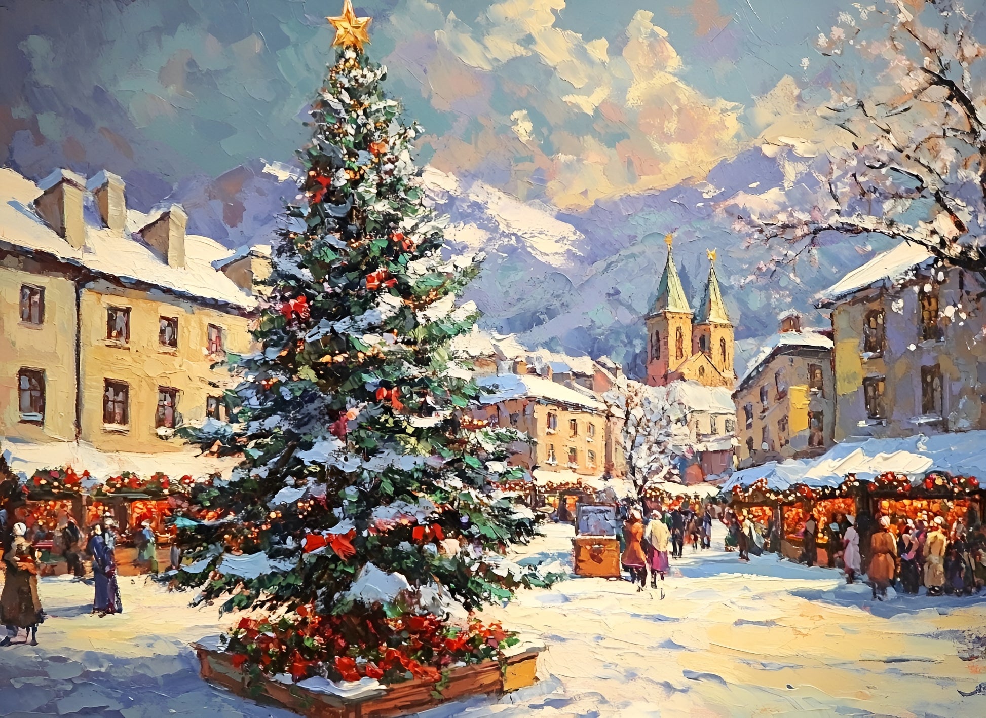 White Christmas canvas art print featuring a winter landscape, 90x120cm, by My Store.