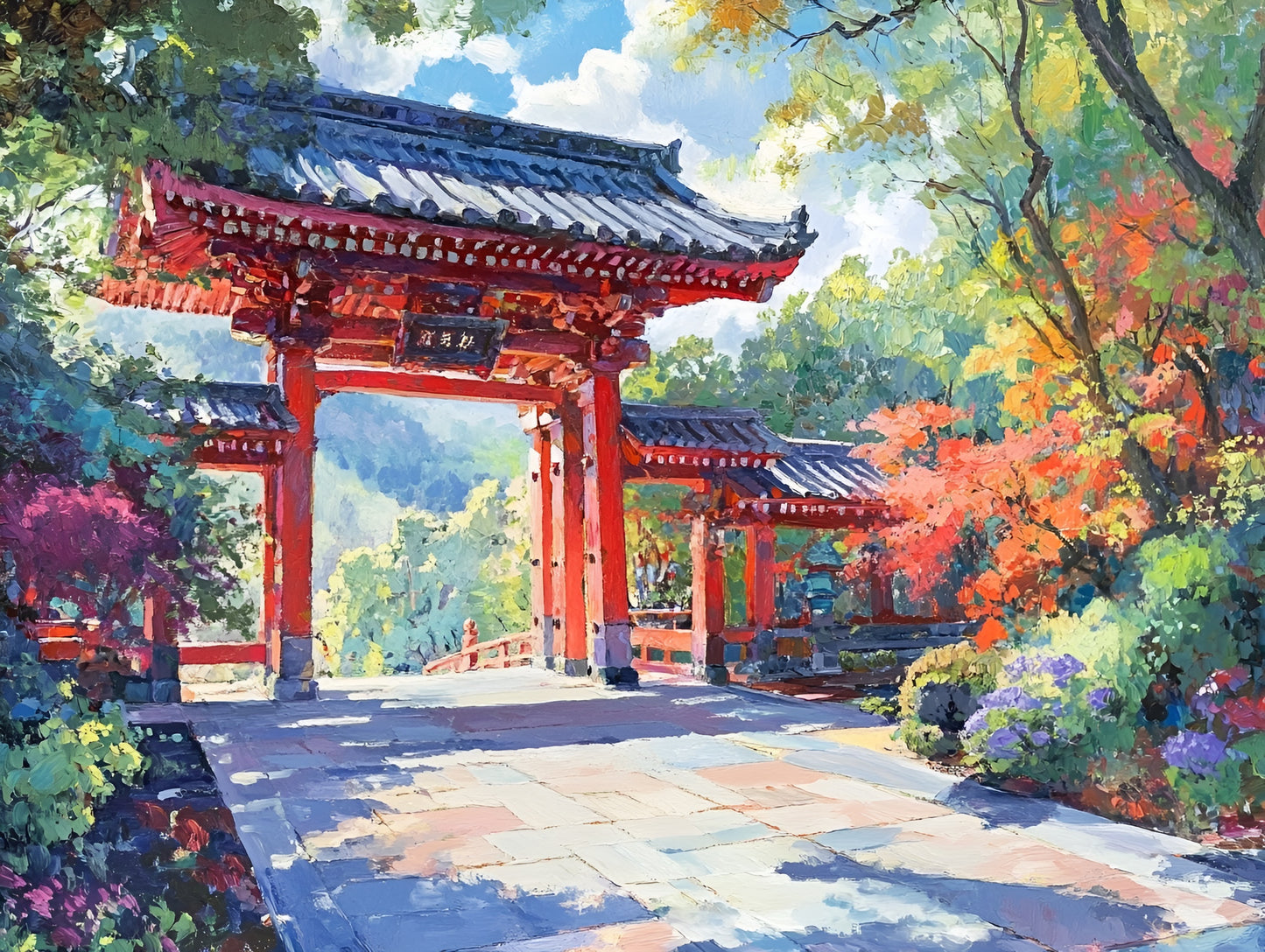 Temple Forest canvas print in vibrant colors, 90x120cm, Asian-inspired architectural art by My Store