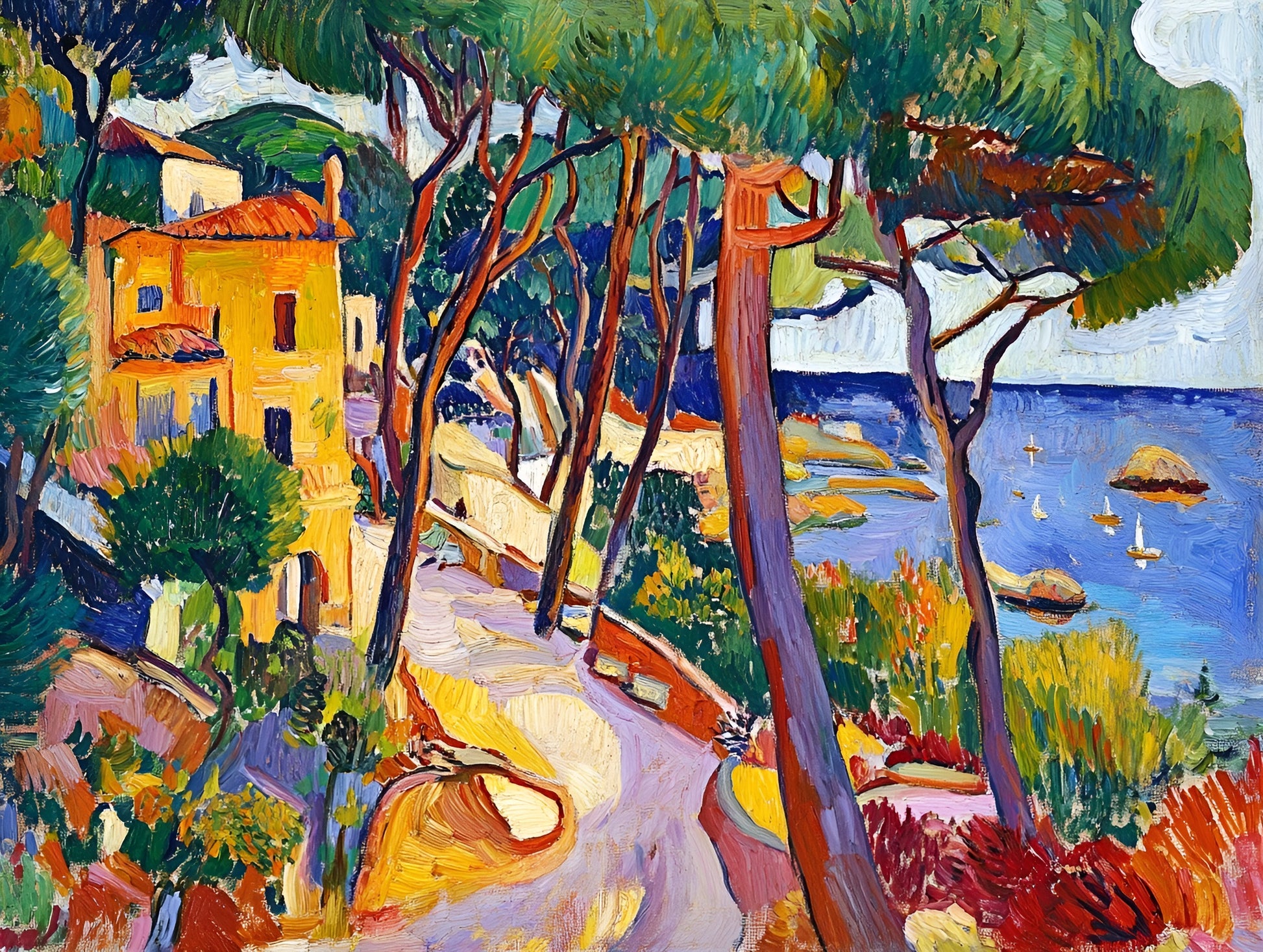 Blue-green coastal landscape print by My Store, 120 cm x 90 cm, depicting a serene seaside village scene.