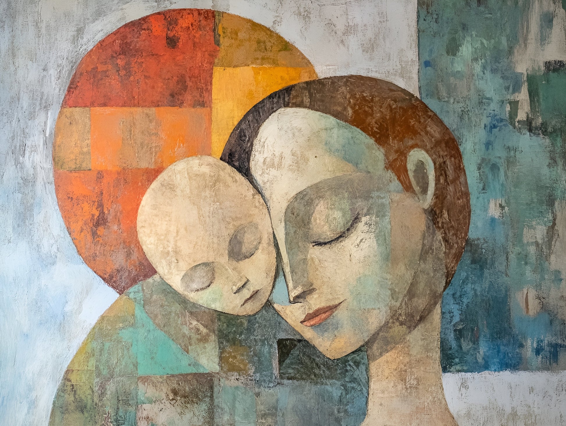 Abstract canvas print featuring mother and child figures in celestial colors, 100x130cm by My Store