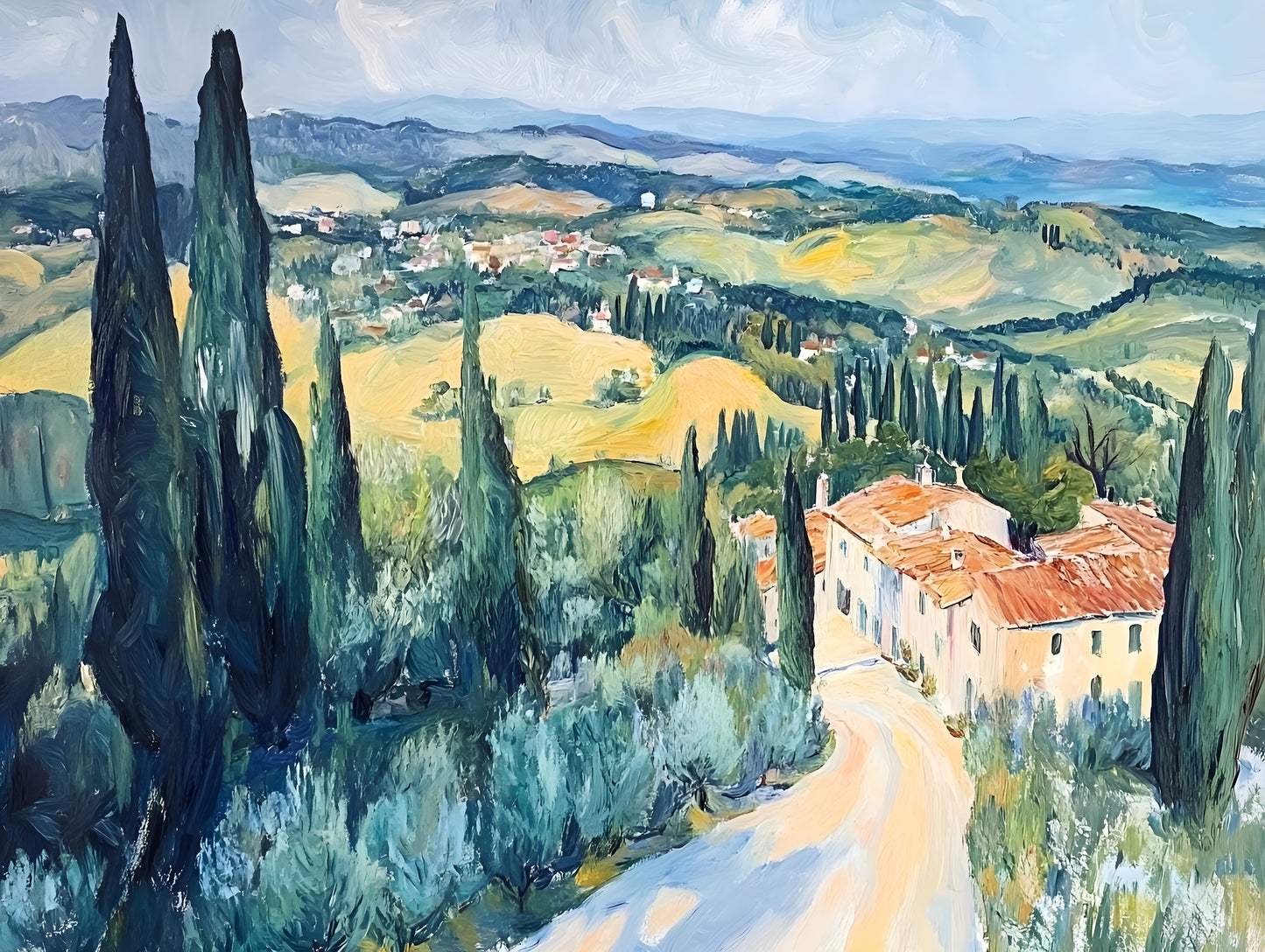 Large landscape print of Italian countryside with cypress trees, 120 cm x 90 cm by My Store