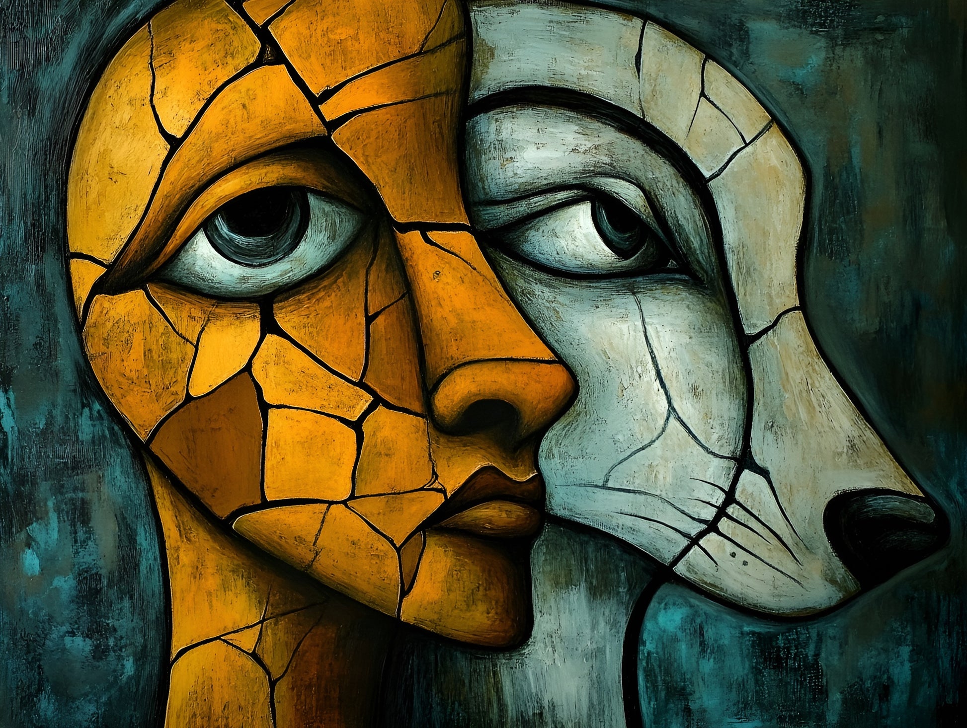 Abstract canvas art print featuring human-animal figures in vibrant colors, 100x130cm by My Store.