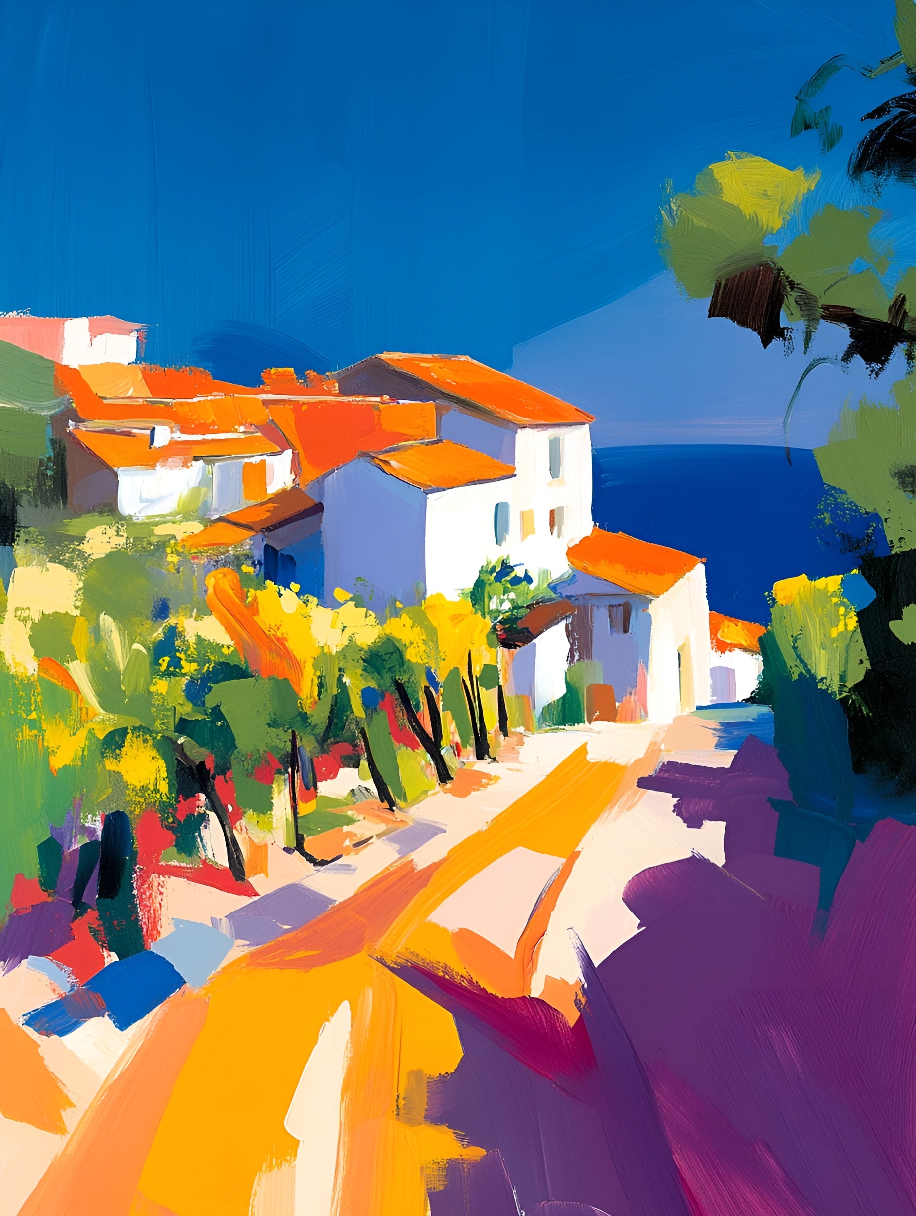 Mediterranean Village canvas print in azure blue, 100x130cm, coastal wall art by My Store