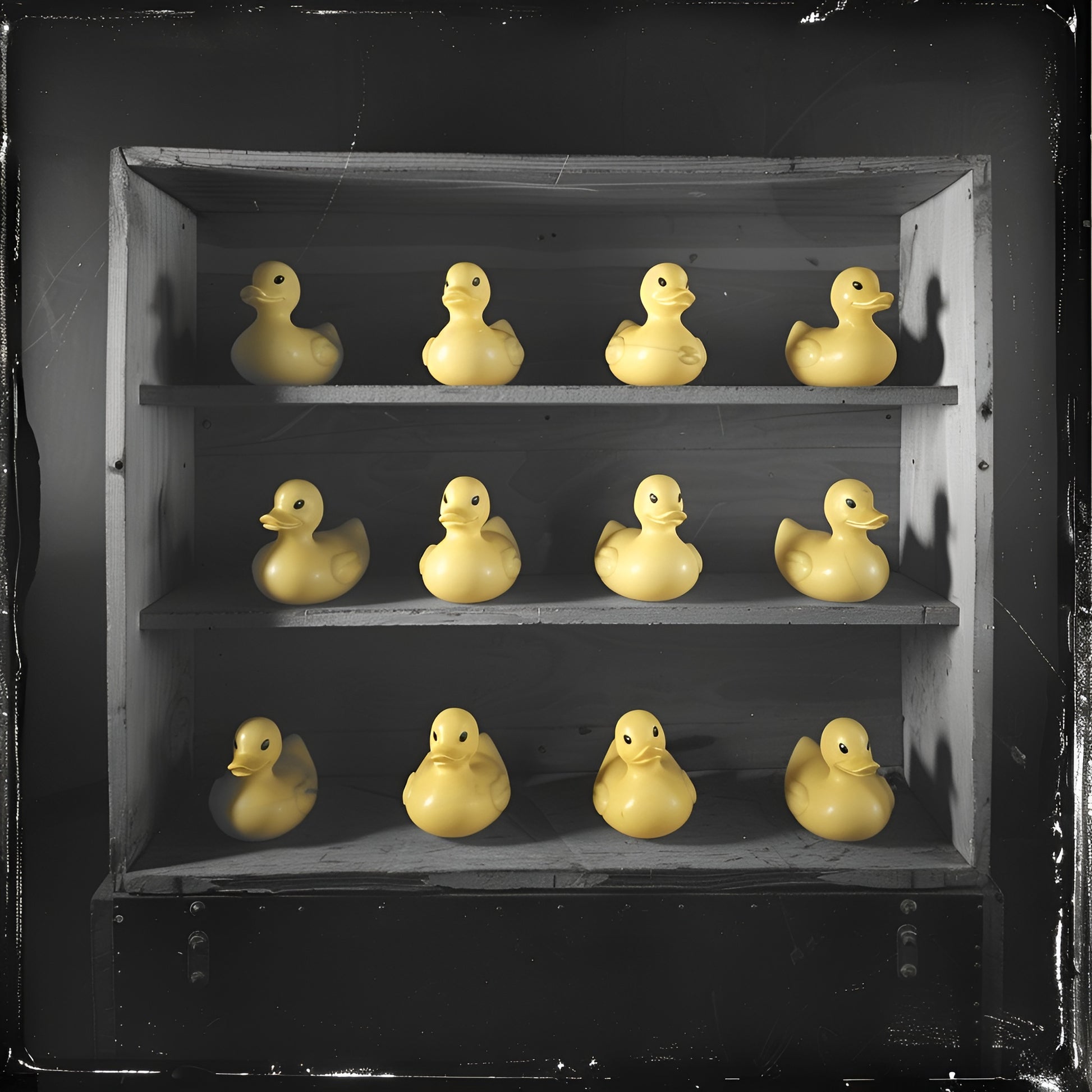 Contemporary canvas art print featuring vibrant yellow rubber ducks on a wooden shelf, 120x120cm by My Store.