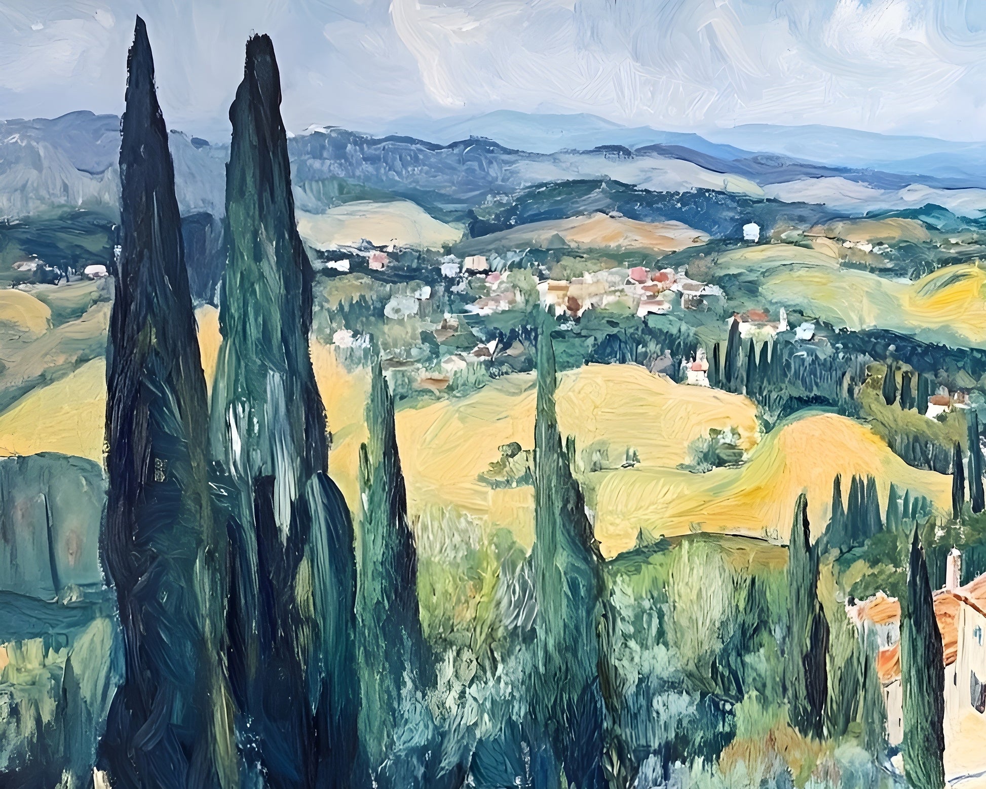 Tuscan landscape canvas wall art featuring cypress trees, 120x90cm, by My Store