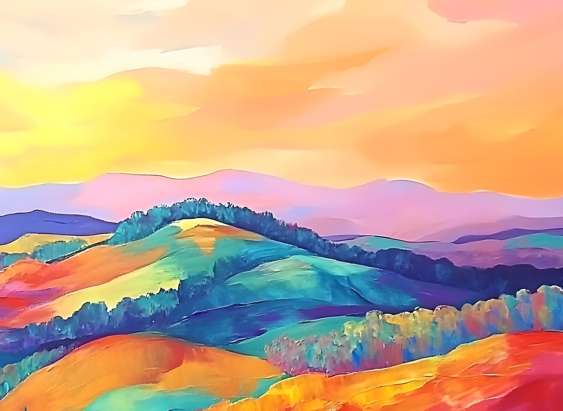 Colorful abstract landscape canvas art featuring rolling hills and a sunset, 120x90cm by My Store.