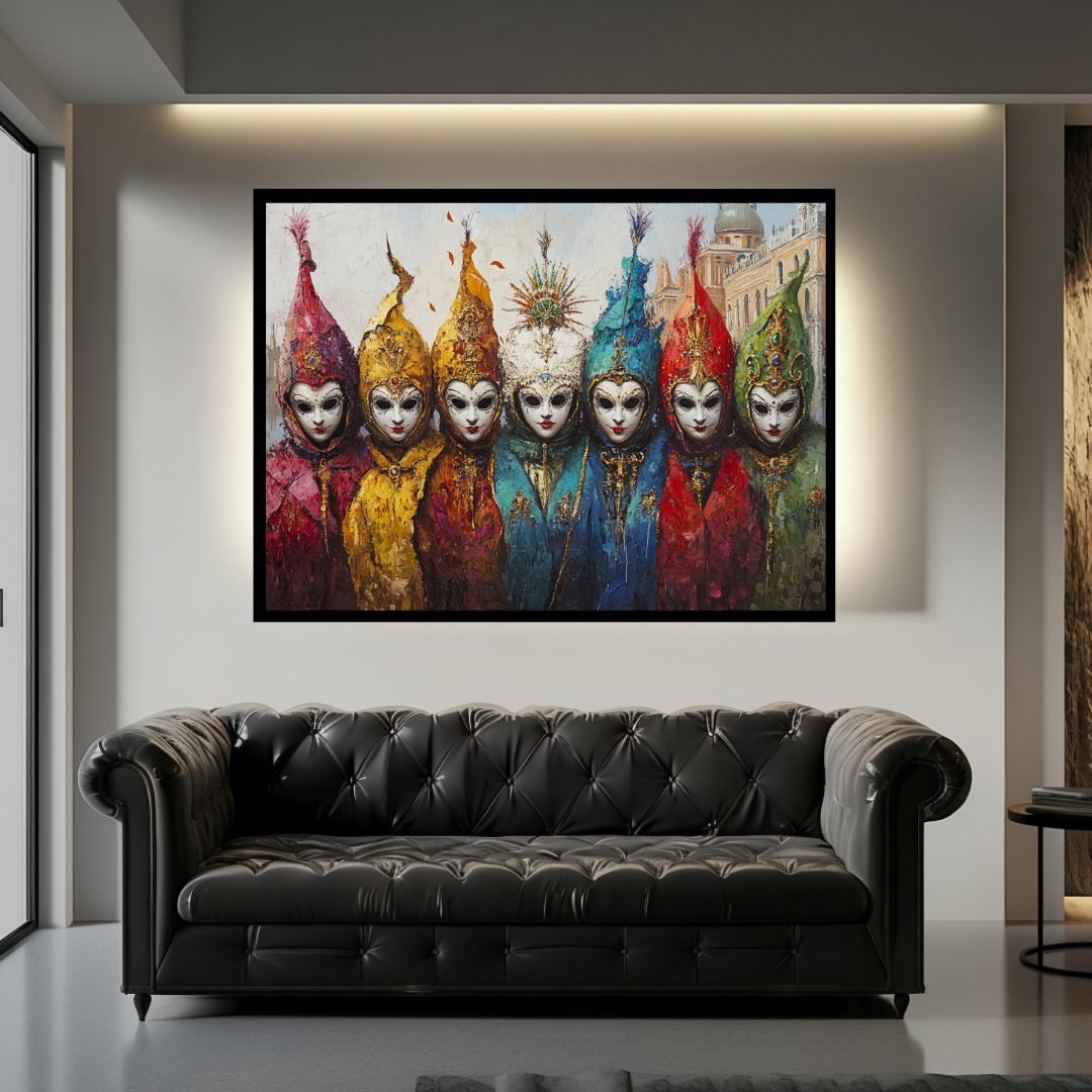 Abstract figure in vibrant colors against an architectural backdrop of a carnival city scene by My Store
