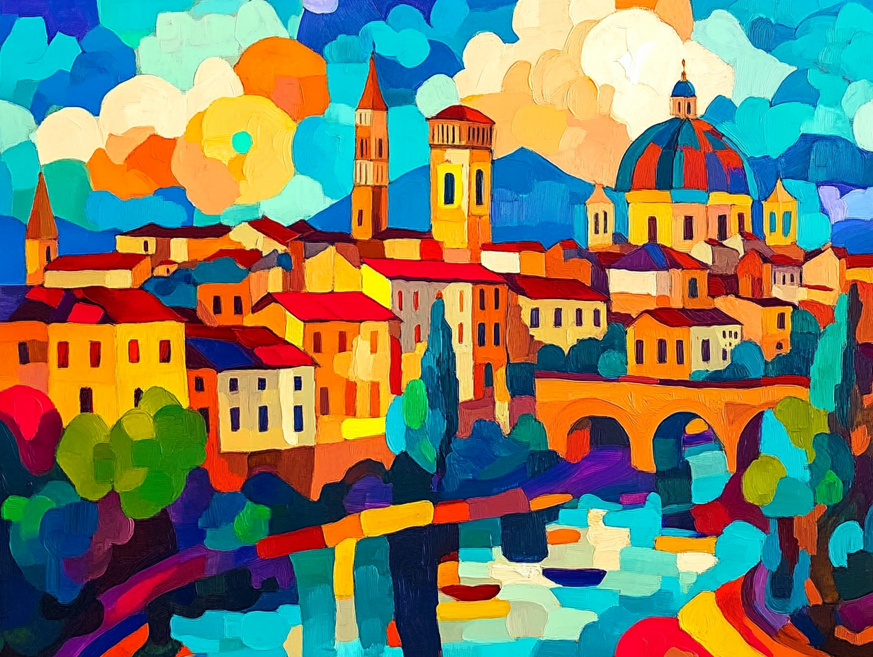 Abstract cityscape canvas print of Budapest in vibrant colors, 130x93cm, by My Store with certificate of authenticity.