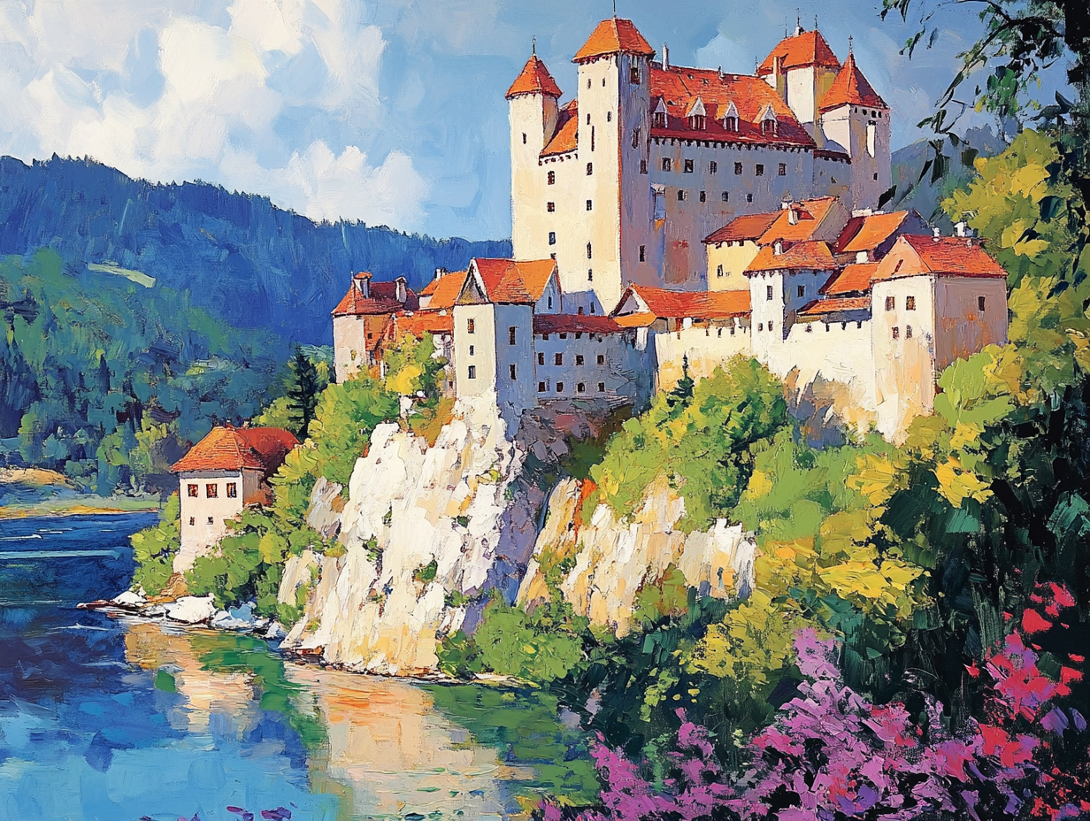 Medieval castle canvas art print in vibrant colors, 90x120cm, by My Store, showcasing royal architecture.