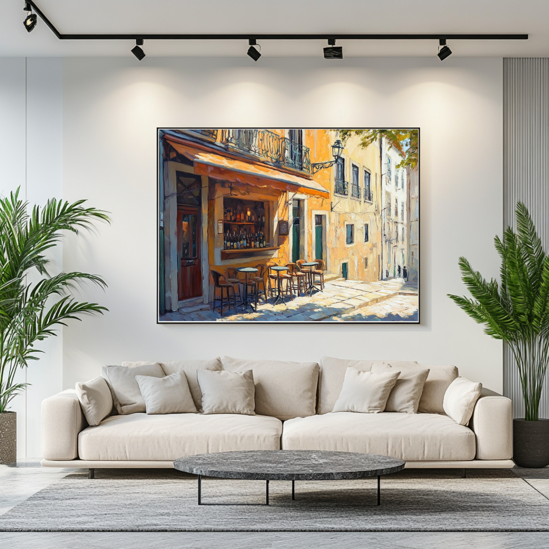 Coffee Break canvas art print by My Store, featuring vibrant café scene in warm colors, size 130x93cm.