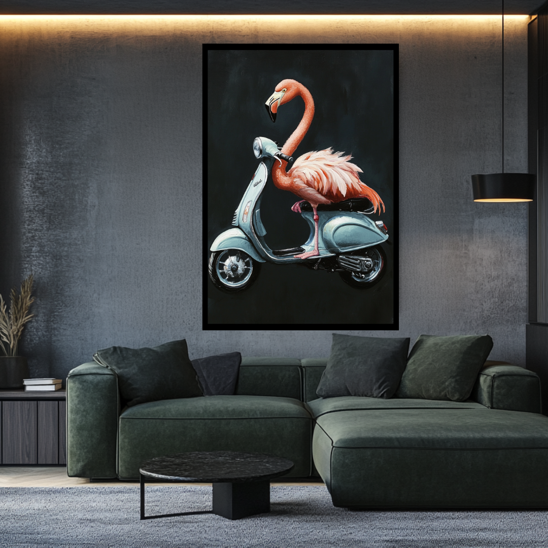 Large pink Vespa digital art print on canvas, featuring an anthropomorphic bird design, 90x120cm by My Store.