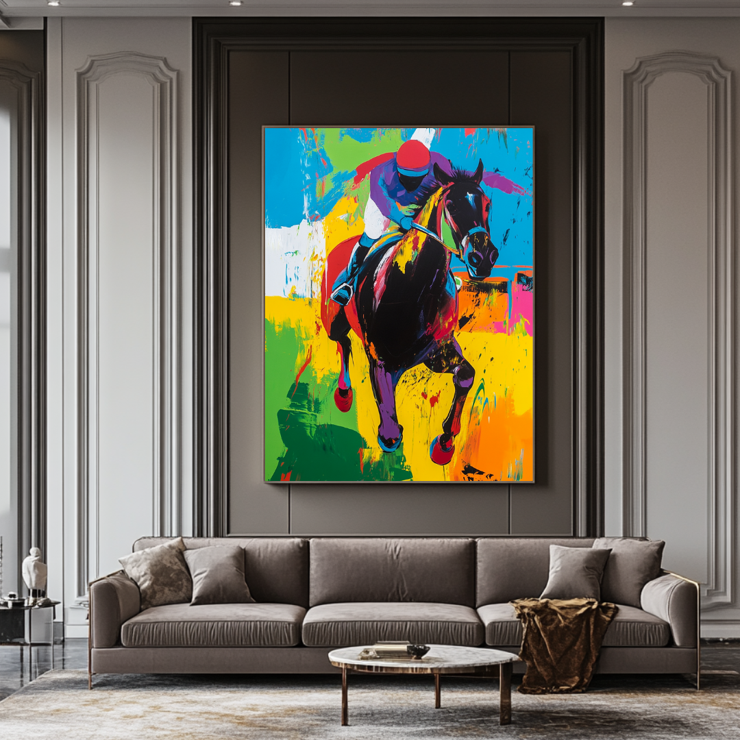 Buttercup horse and jockey digital art canvas print in vibrant colors, 90x120cm by My Store