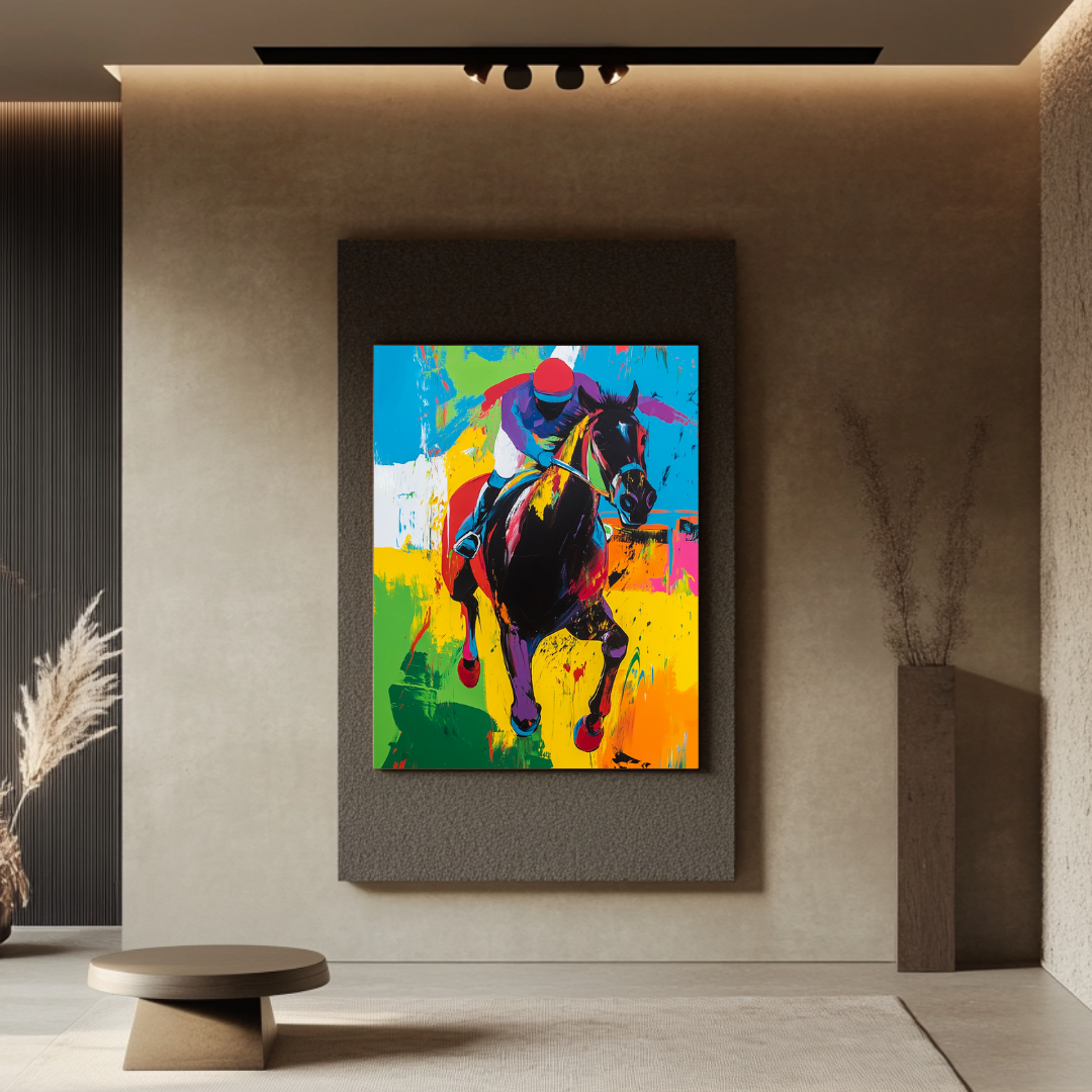 Buttercup horse and jockey digital art canvas print in vibrant colors, 90x120cm by My Store