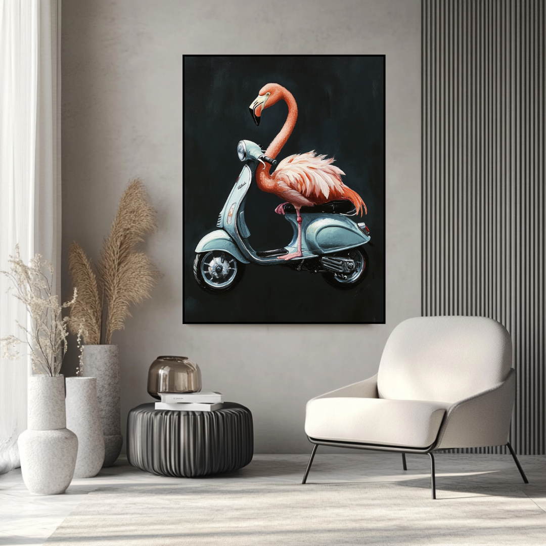 Large pink Vespa digital art print on canvas, featuring an anthropomorphic bird design, 90x120cm by My Store.