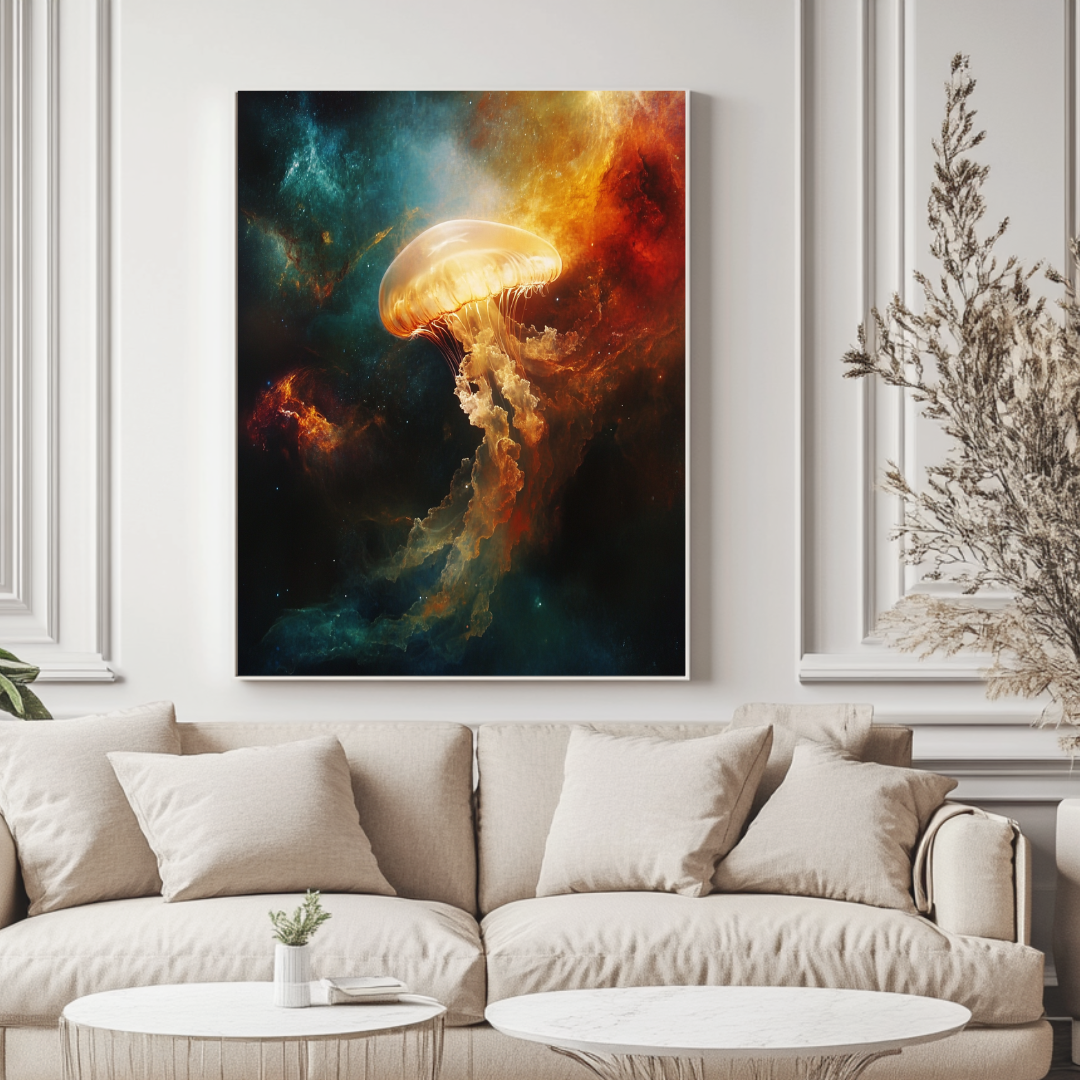 Large abstract canvas print featuring vibrant cosmic colors and alien figures, 90x120cm by My Store