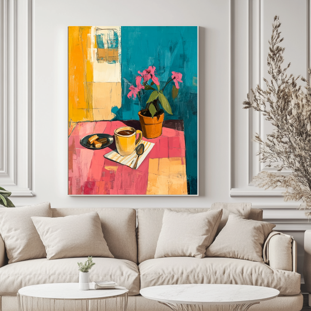 Modern digital art print of coffee-themed design on canvas, 90x120cm, by My Store, perfect for cafe decor.