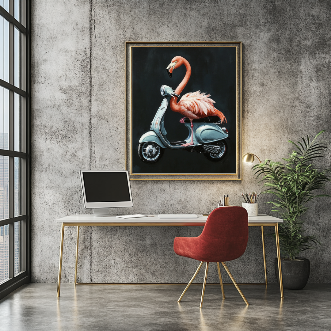 Large pink Vespa digital art print on canvas, featuring an anthropomorphic bird in a vibrant, whimsical style.