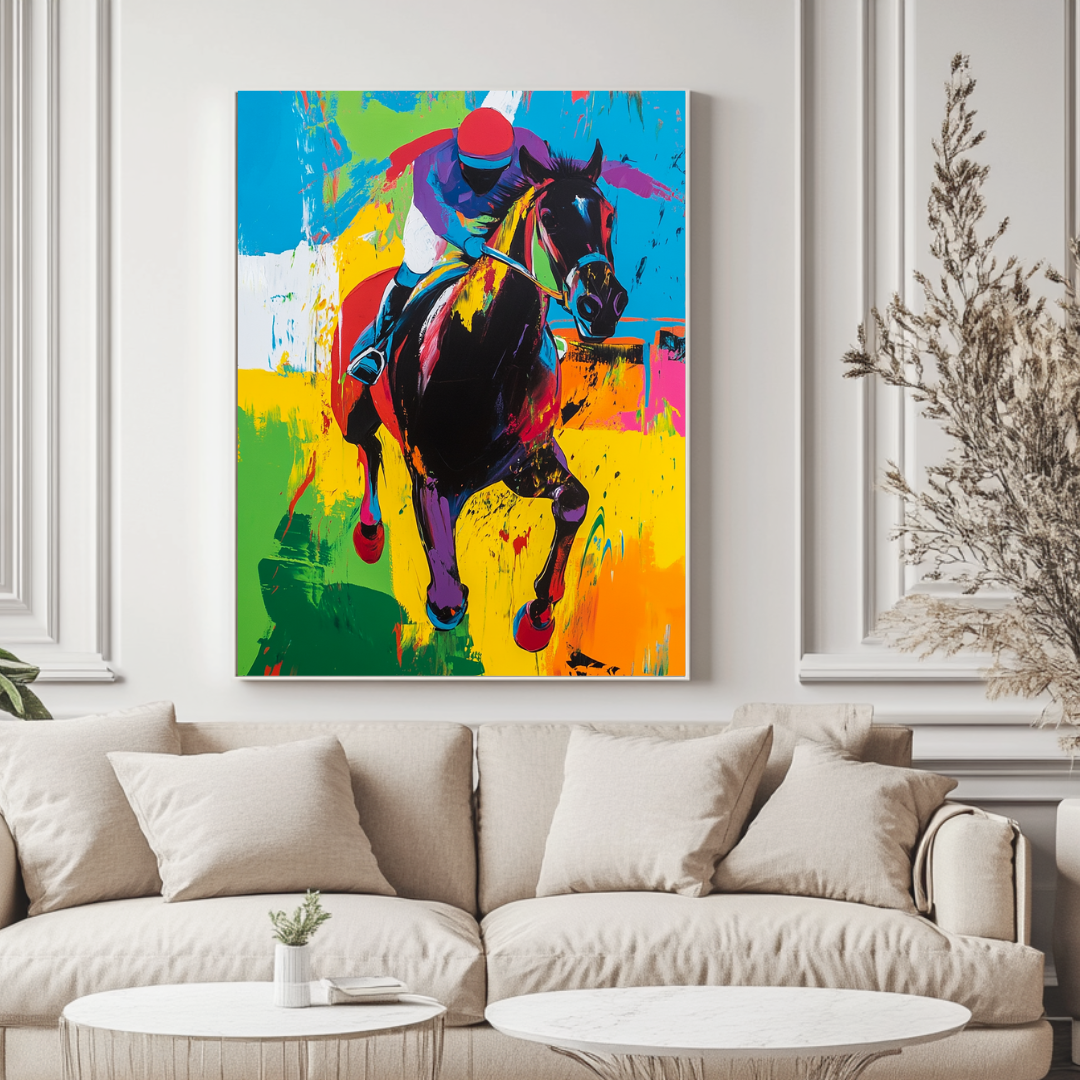 Buttercup horse and jockey digital art canvas print in vibrant colors, 90x120cm by My Store