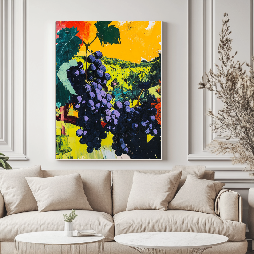 Vibrant green and purple grapes in a modern art print by My Store, perfect for home decor.