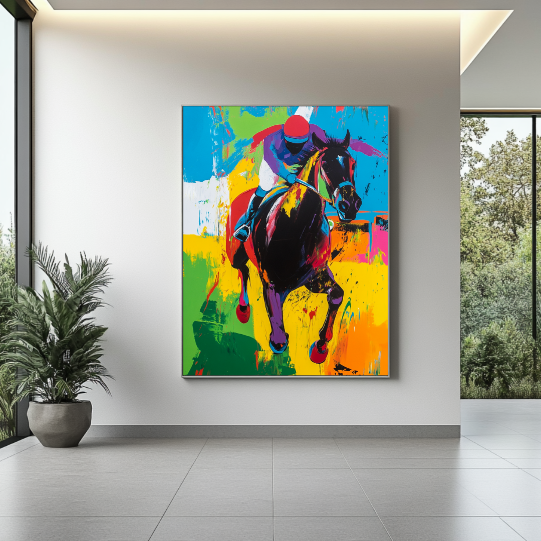 Vibrant digital art canvas print featuring a horse and jockey in action, 90x120cm by My Store