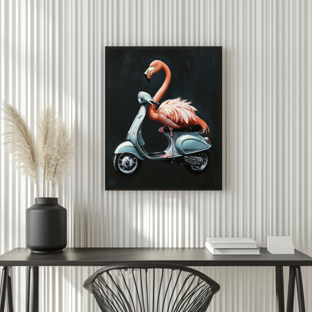Pink Vespa digital art print on large canvas, featuring anthropomorphic bird design, 90x120cm by My Store