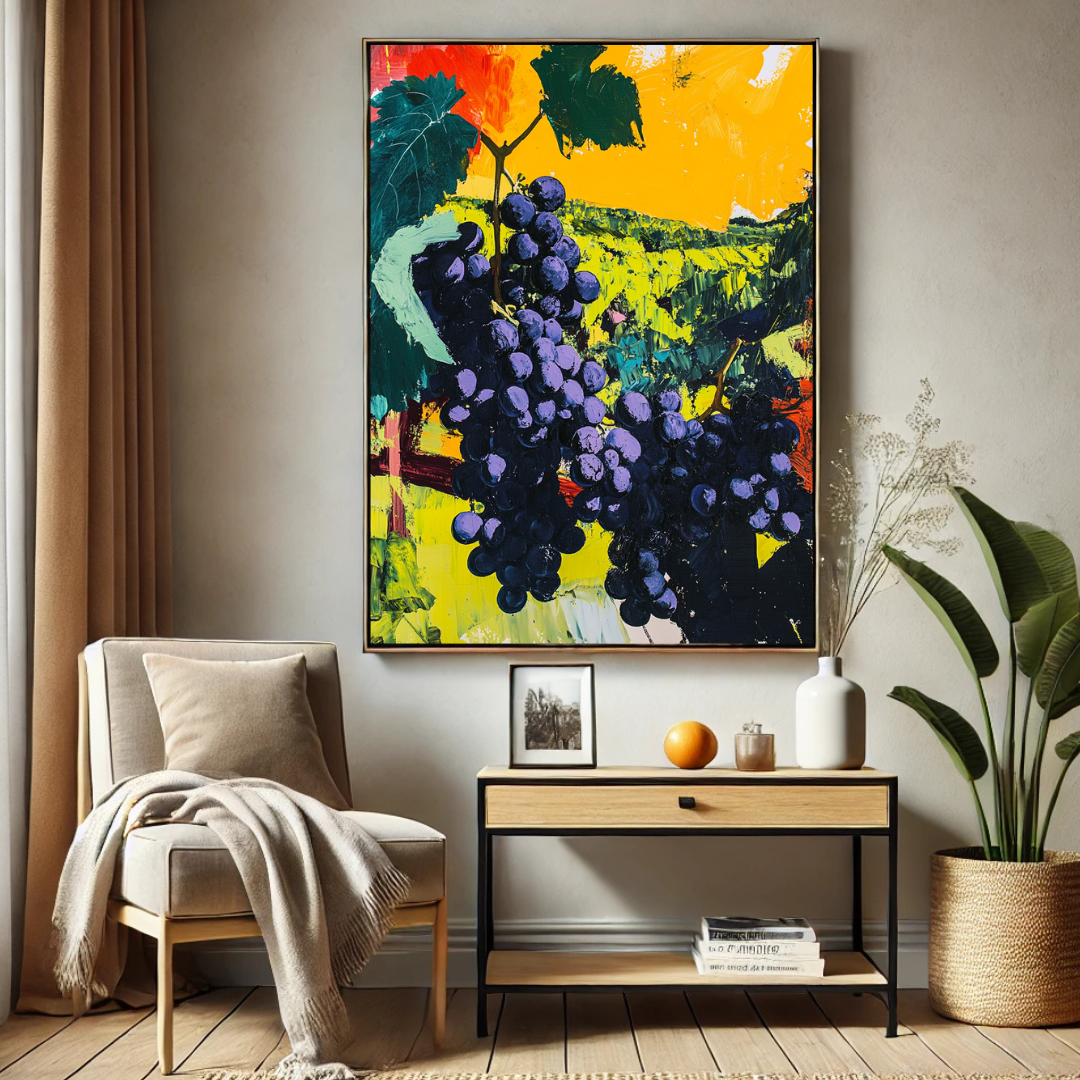 Vibrant green and purple grape canvas print, 90x120cm, by My Store, perfect for dining room decor.