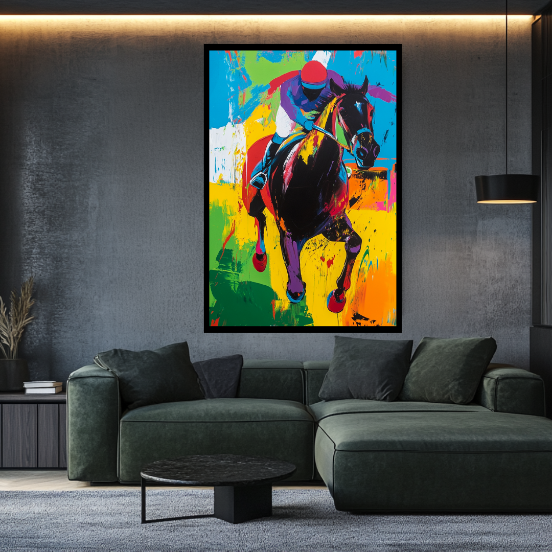 Vibrant digital art canvas print featuring a horse and jockey in action, 90x120cm by My Store