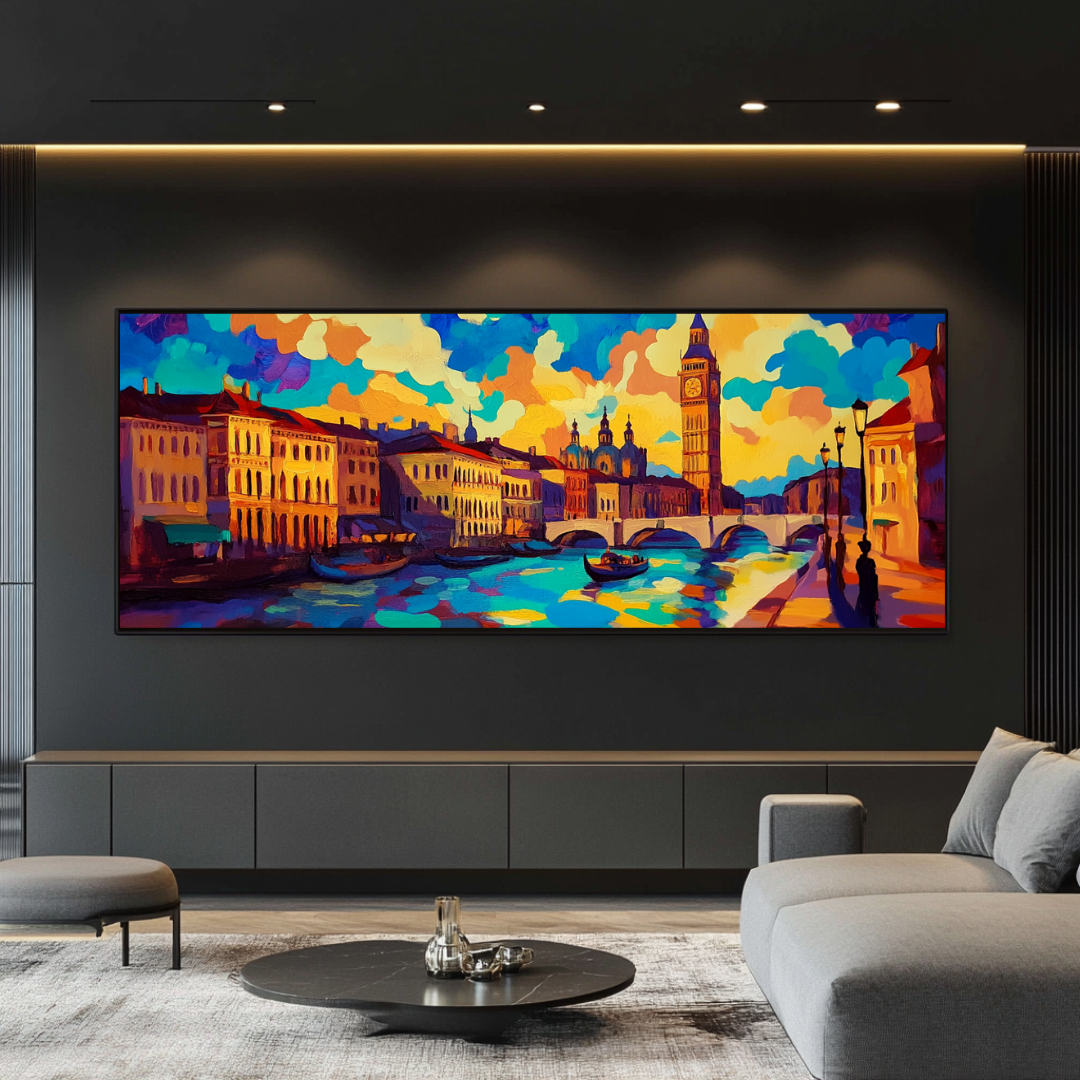 Golden Thames London canvas print featuring an ultrawide city skyline in contemporary art style, 150x64cm by My Store.