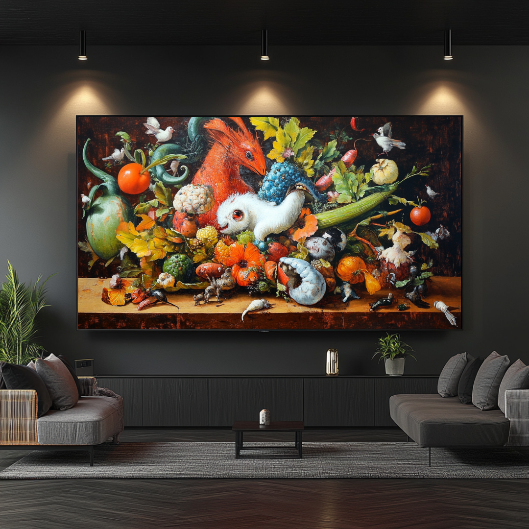 Bosch-inspired cornucopia digital art print on canvas, featuring vibrant colors and abundance symbolism, by My Store.