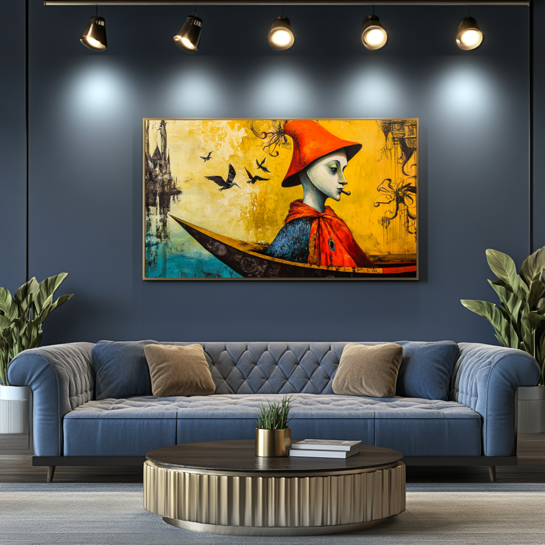 Modern art print 'Nostalgia' by My Store, inspired by famous artwork, featuring vibrant colors and dreamlike imagery.