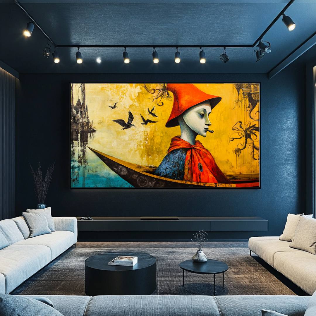Modern art print 'Nostalgia' by My Store, inspired by famous artwork, featuring vibrant colors and dreamlike imagery.