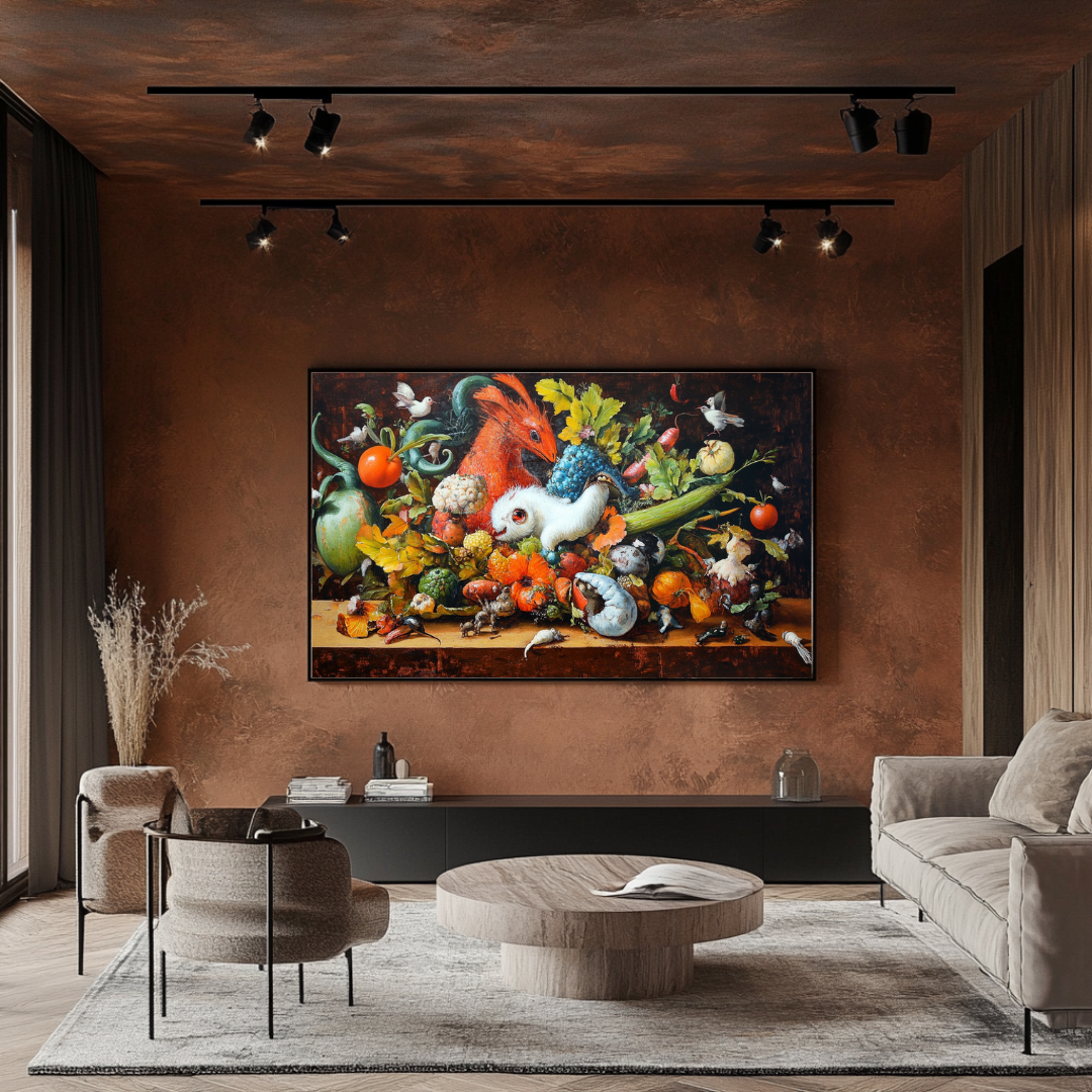 Bosch-inspired cornucopia digital art print on canvas by My Store, featuring vibrant colors and abundance symbolism.