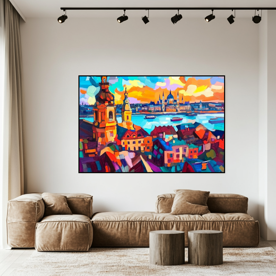 Abstract landscape canvas print featuring Budapest in vibrant colors, 130x93cm by My Store