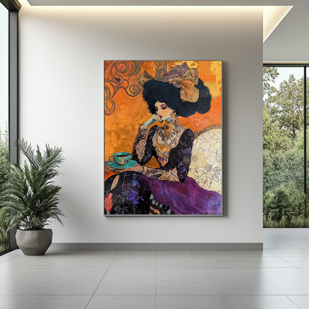 Contemporary art print of a woman wearing a large hat, vibrant colors, by My Store