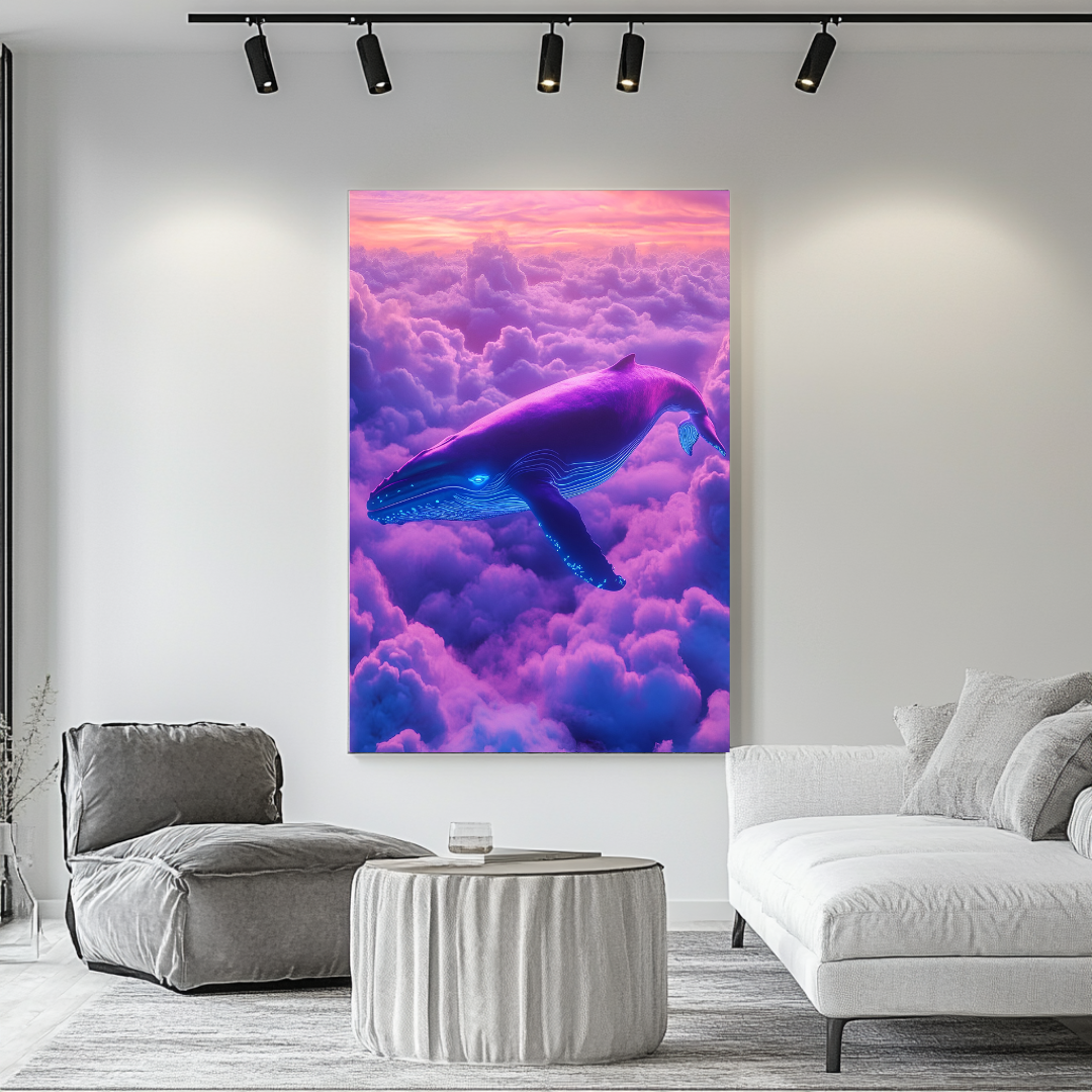 Abstract neon whale portrait print by My Store, featuring vibrant colors in a dreamscape style.