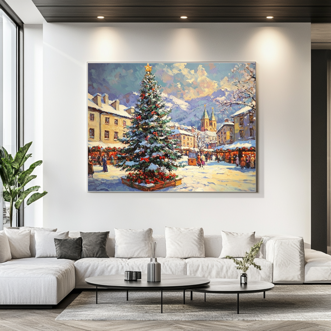 White canvas art print featuring a winter landscape, 90x120cm, by My Store, perfect for Christmas decor.