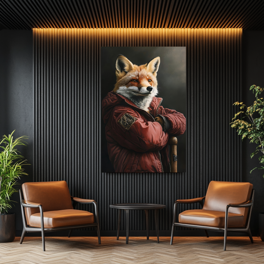 Anthropomorphic fox portrait canvas wall art by My Store, featuring vibrant colors and detailed animal illustration.