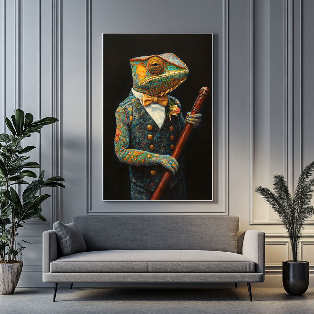 Chameleon canvas print featuring an anthropomorphic animal in a bow tie, by My Store