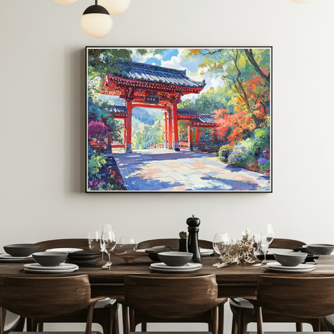Temple Forest canvas print in vibrant colors, 90x120cm, featuring Asian-inspired architectural art by My Store.
