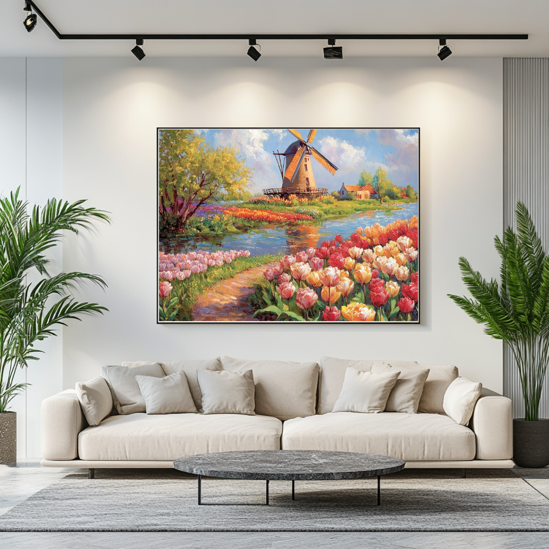 Vibrant tulips in a sunny landscape print by My Store, perfect for home decor or special occasions.