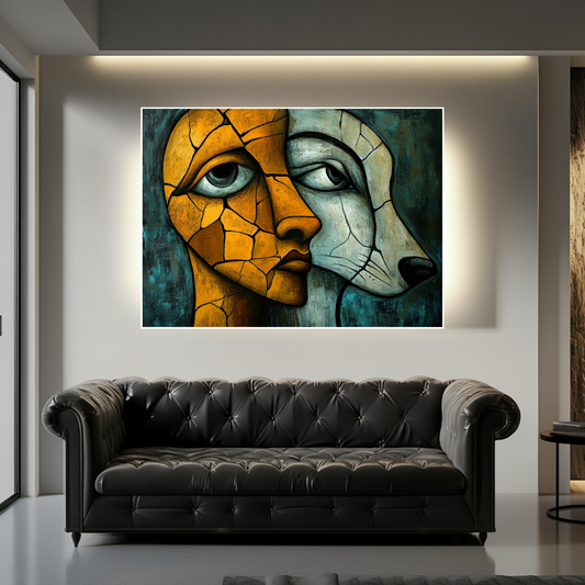 Abstract canvas art print featuring human-animal figures in vibrant colors, 100x130cm by My Store