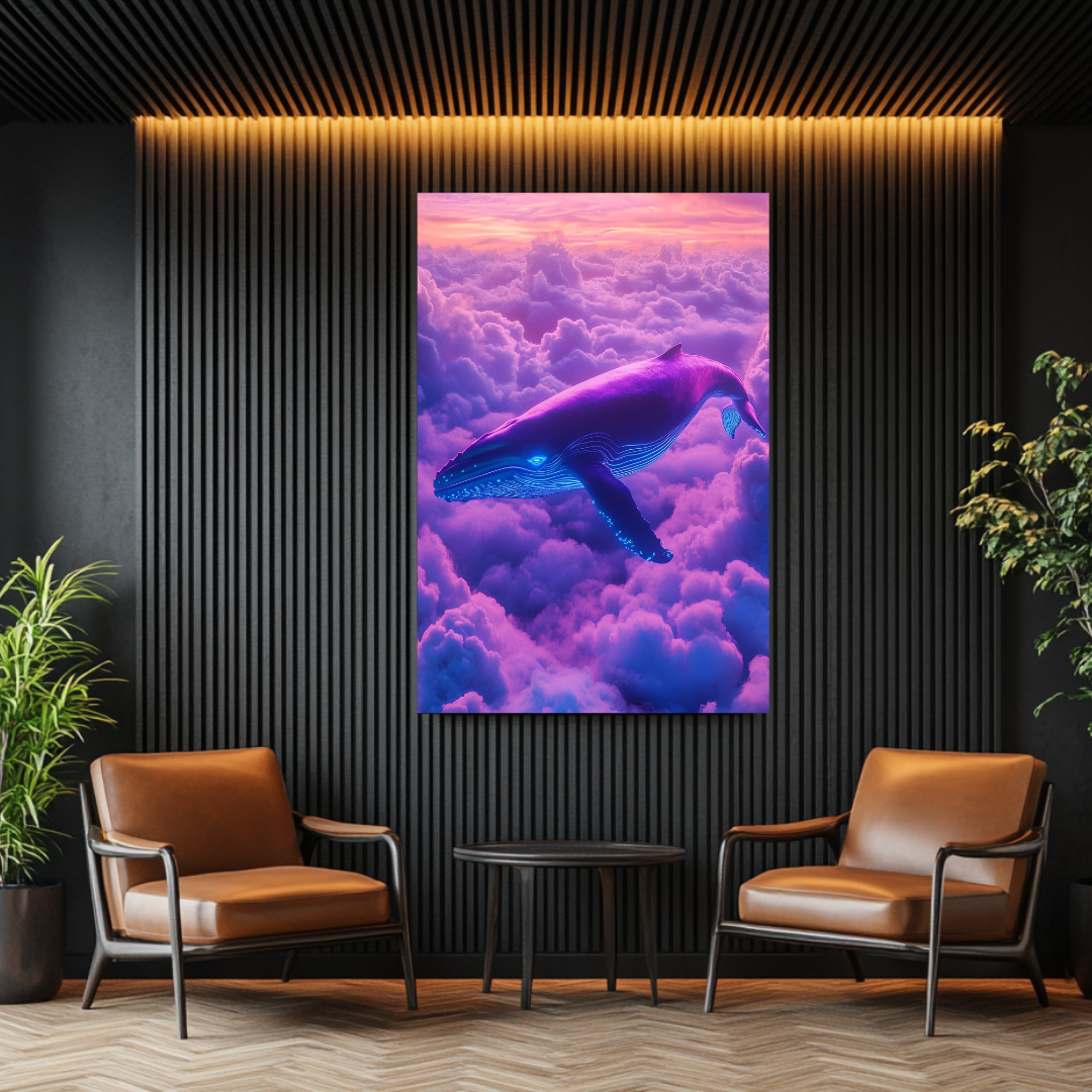 Vibrant neon abstract whale portrait print by My Store in a dreamscape style