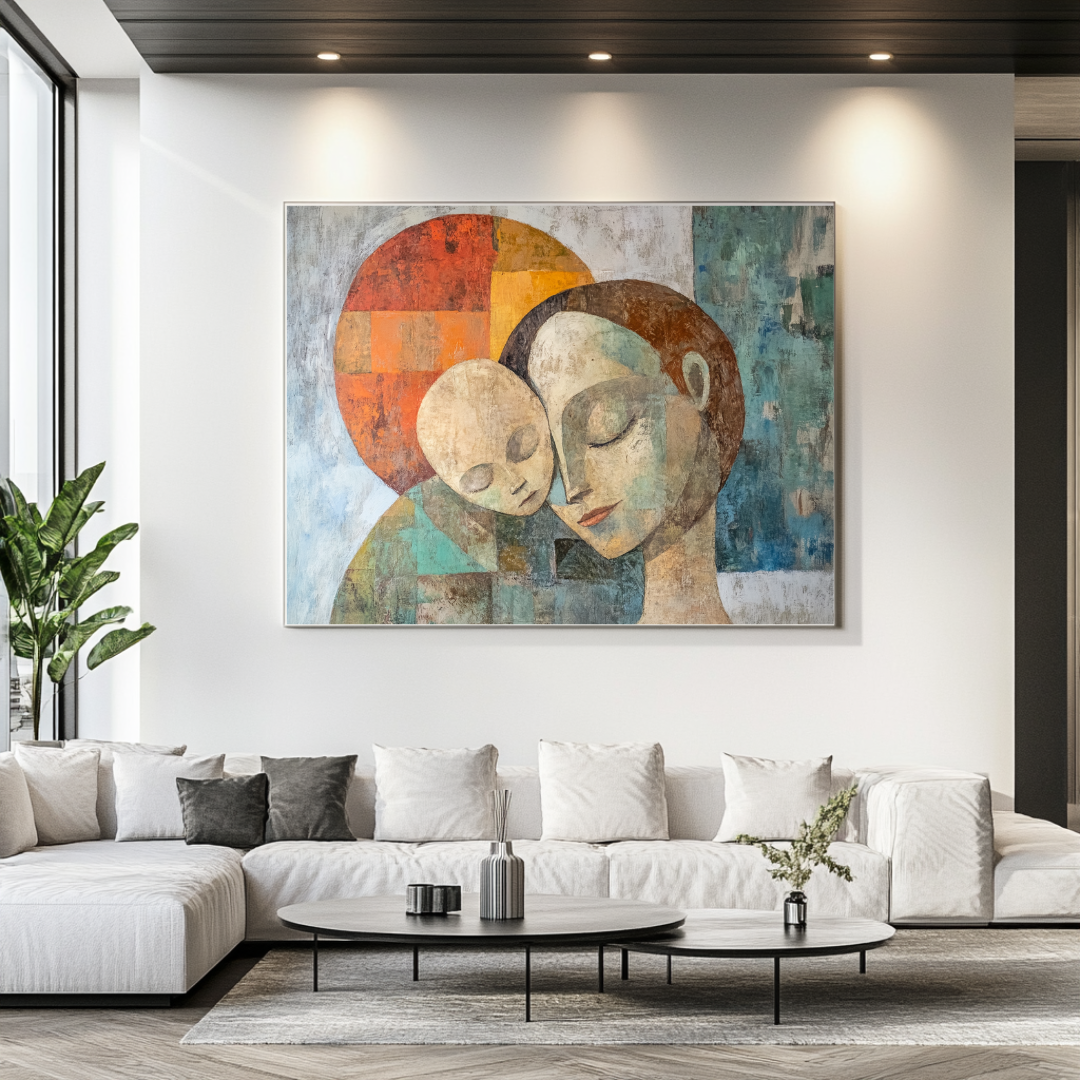 Abstract canvas print featuring mother and child figures in celestial colors, 100x130cm by My Store