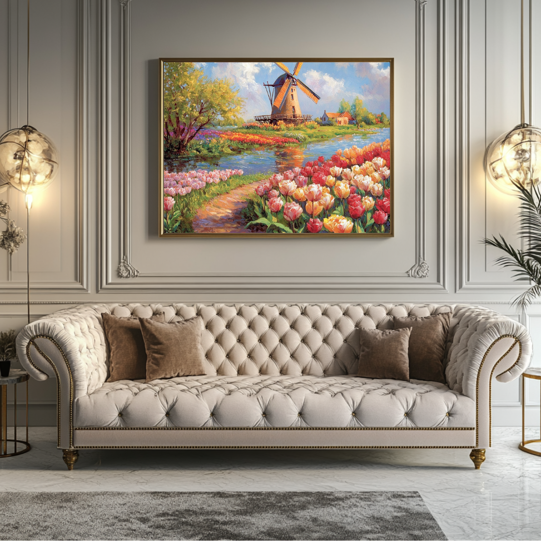 Bright tulips in vibrant colors on a 90x120cm canvas print by My Store, perfect for bedroom decor.