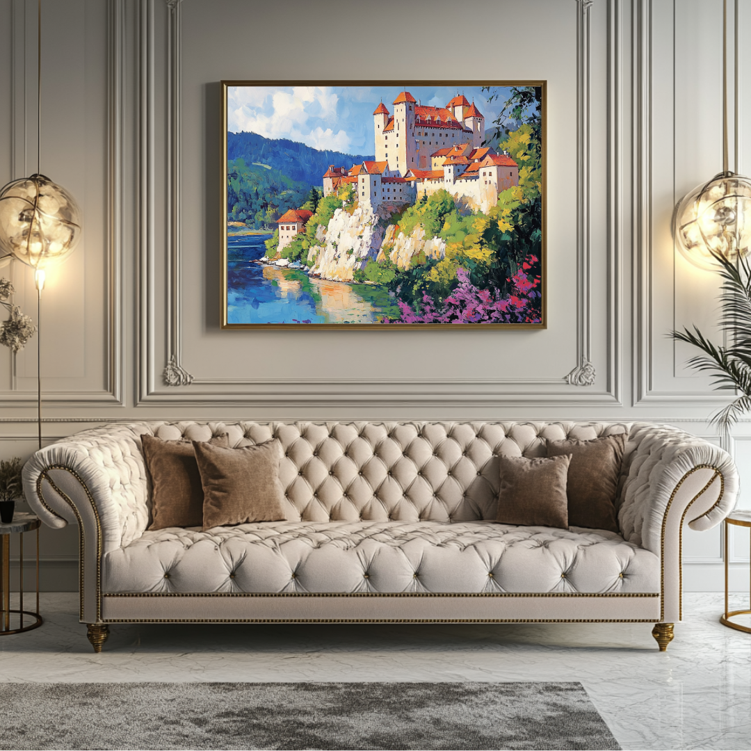 Medieval castle canvas art print in vibrant colors, 90x120cm, by My Store, showcasing royal architecture details.