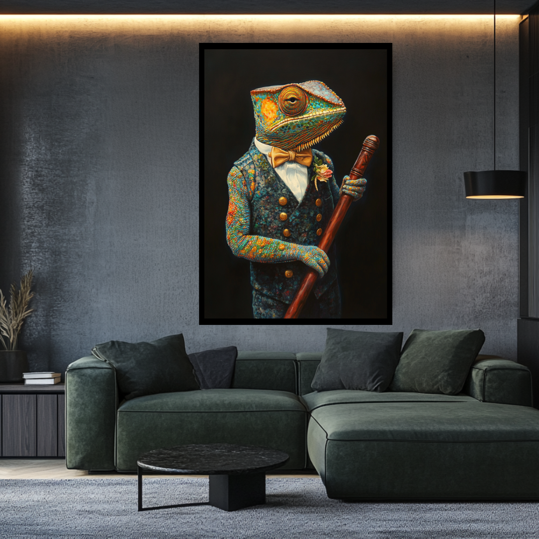 Chameleon anthropomorphic animal portrait canvas print by My Store, featuring vibrant colors and whimsical character art.