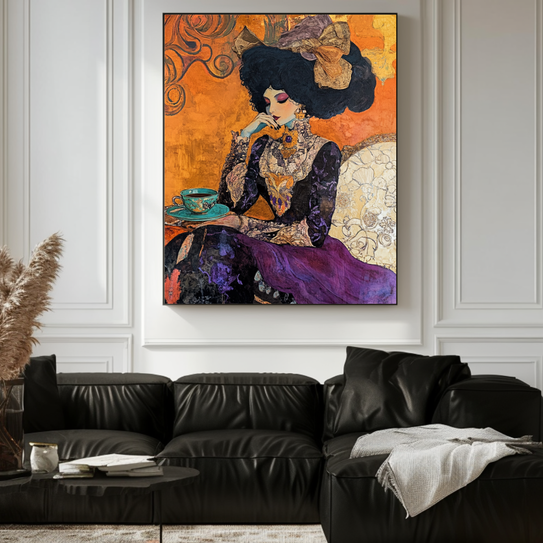Contemporary art print of a woman wearing a large hat, vibrant colors, by My Store