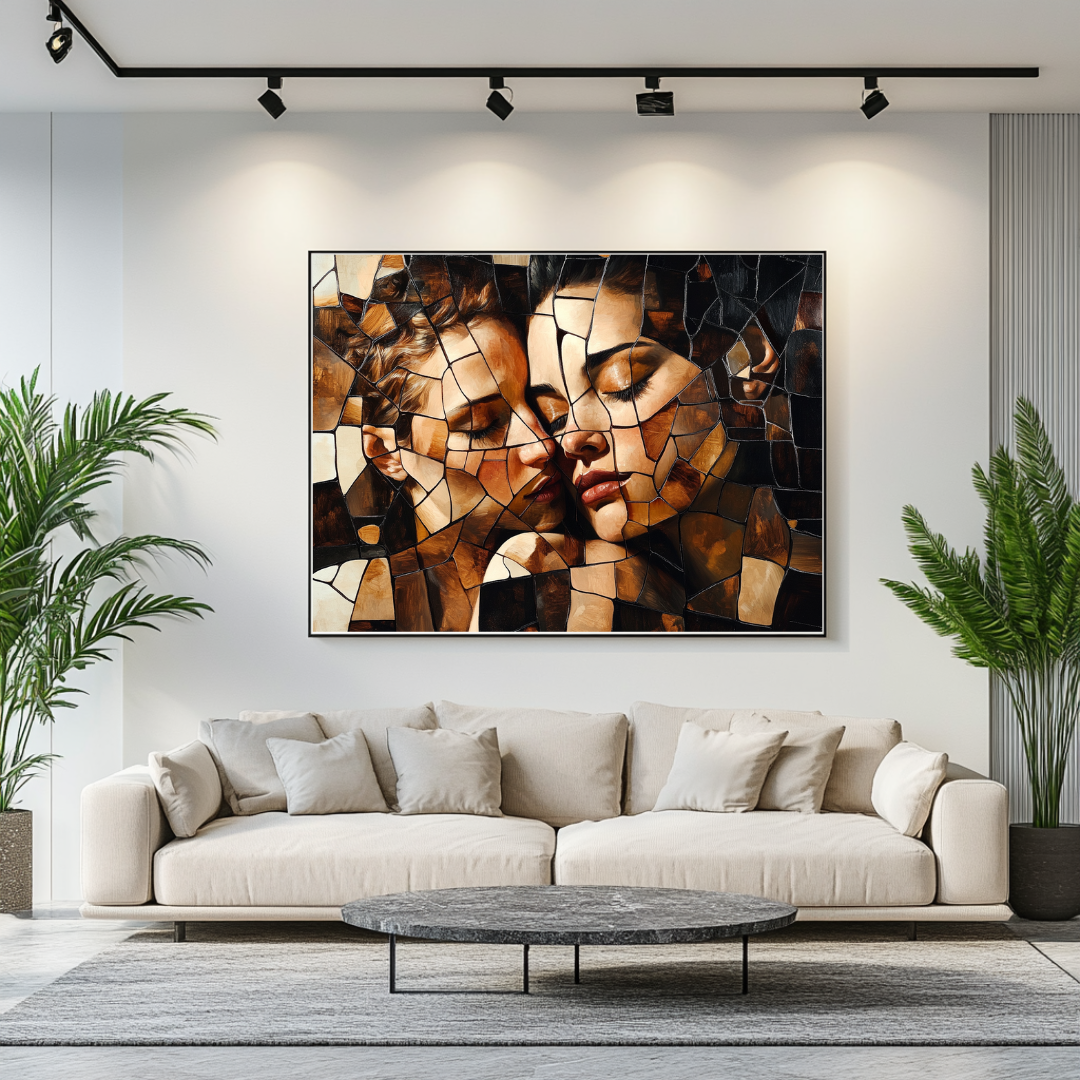 Abstract couple canvas art in muted colors, 100x130cm, by My Store, perfect for contemporary bedroom decor.