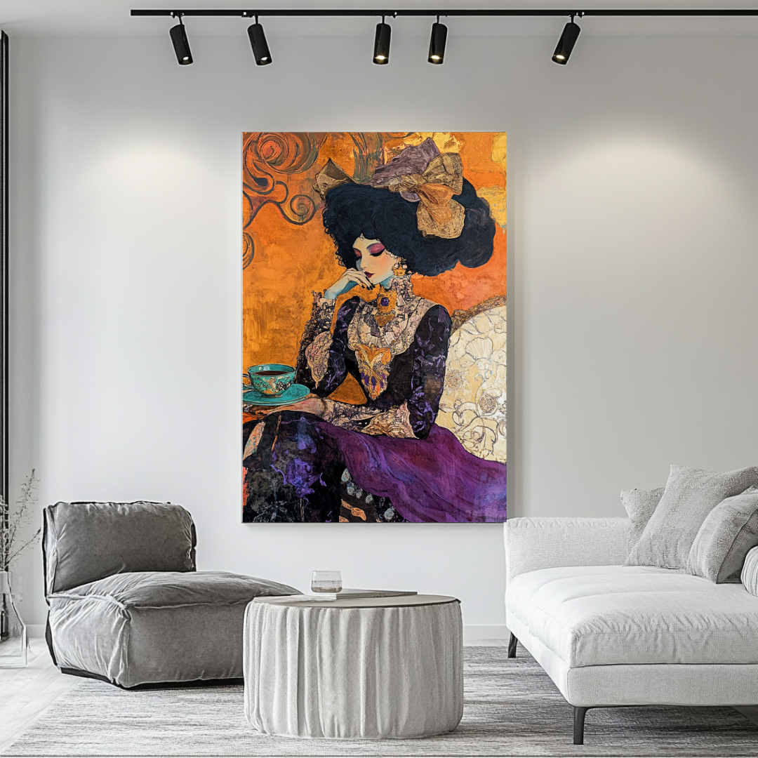 Contemporary art print of a woman wearing a large hat in vibrant colors by My Store
